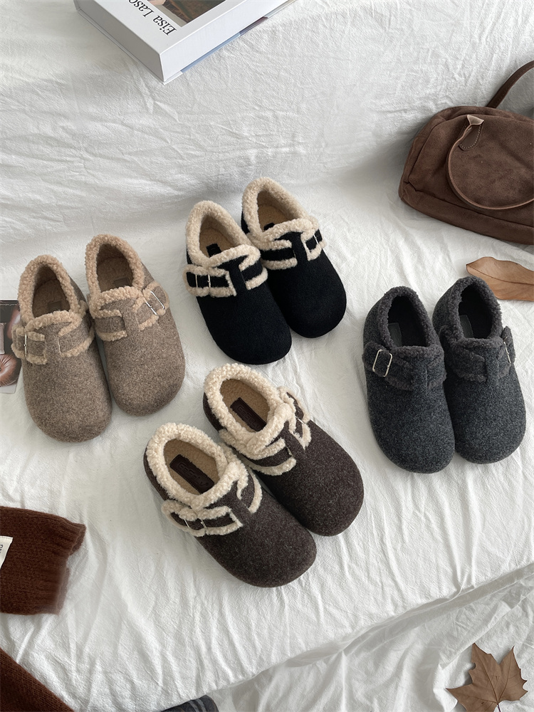 Women's Felt Loafer Slip-On Shoes with Faux Fur Lining Winter Thick Sole