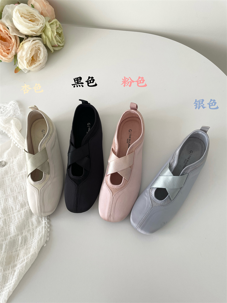 Spring French Satin Round Toe Ultra Soft Sole Cross Strap Ballet Flats for Women