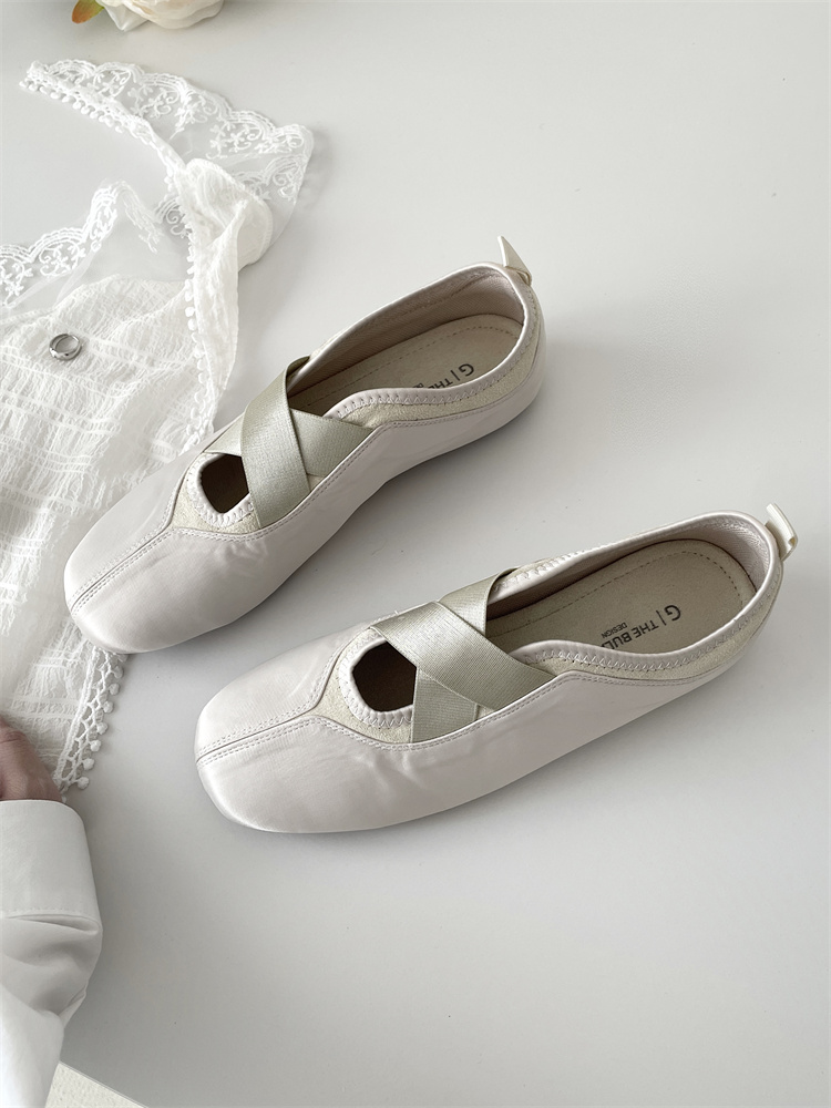 Spring French Satin Round Toe Ultra Soft Sole Cross Strap Ballet Flats for Women - Image 3