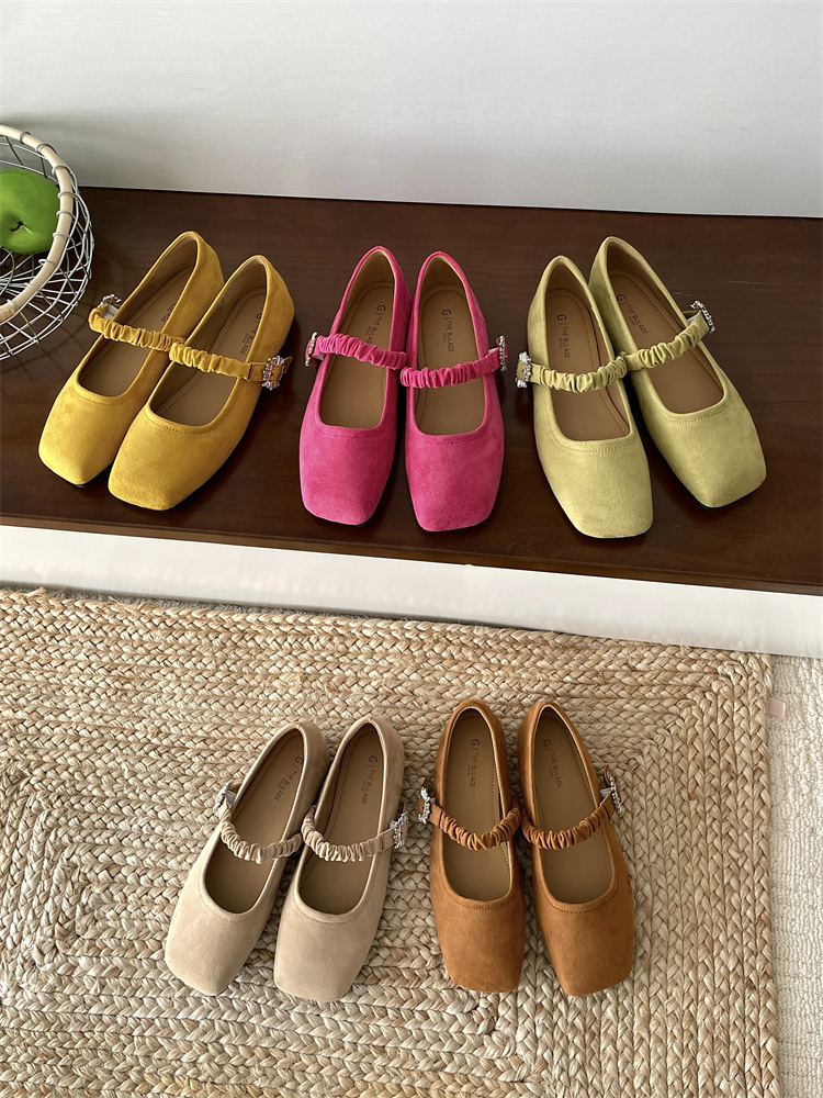 French Square Toe Mary Jane Suede Flat Shoes with Rhinestone Buckle and Ruffle Strap for Dresses Women