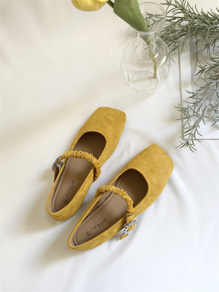 French Square Toe Mary Jane Suede Flat Shoes with Rhinestone Buckle and Ruffle Strap for Dresses Women - Image 3