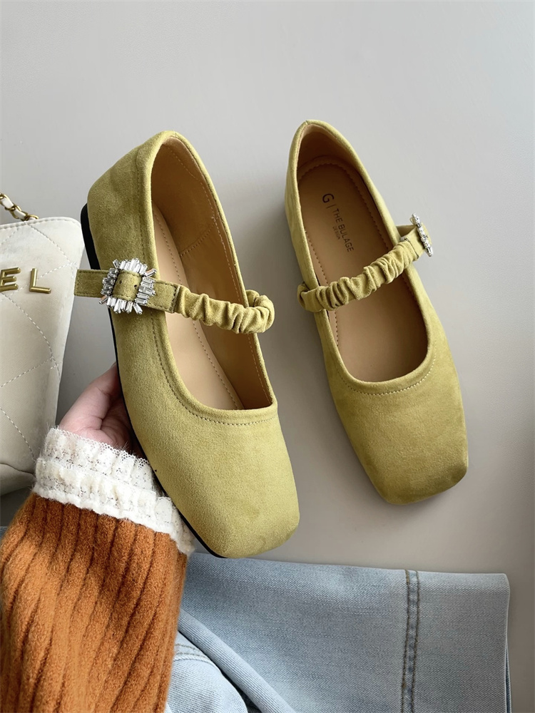French Square Toe Mary Jane Suede Flat Shoes with Rhinestone Buckle and Ruffle Strap for Dresses Women - Image 4