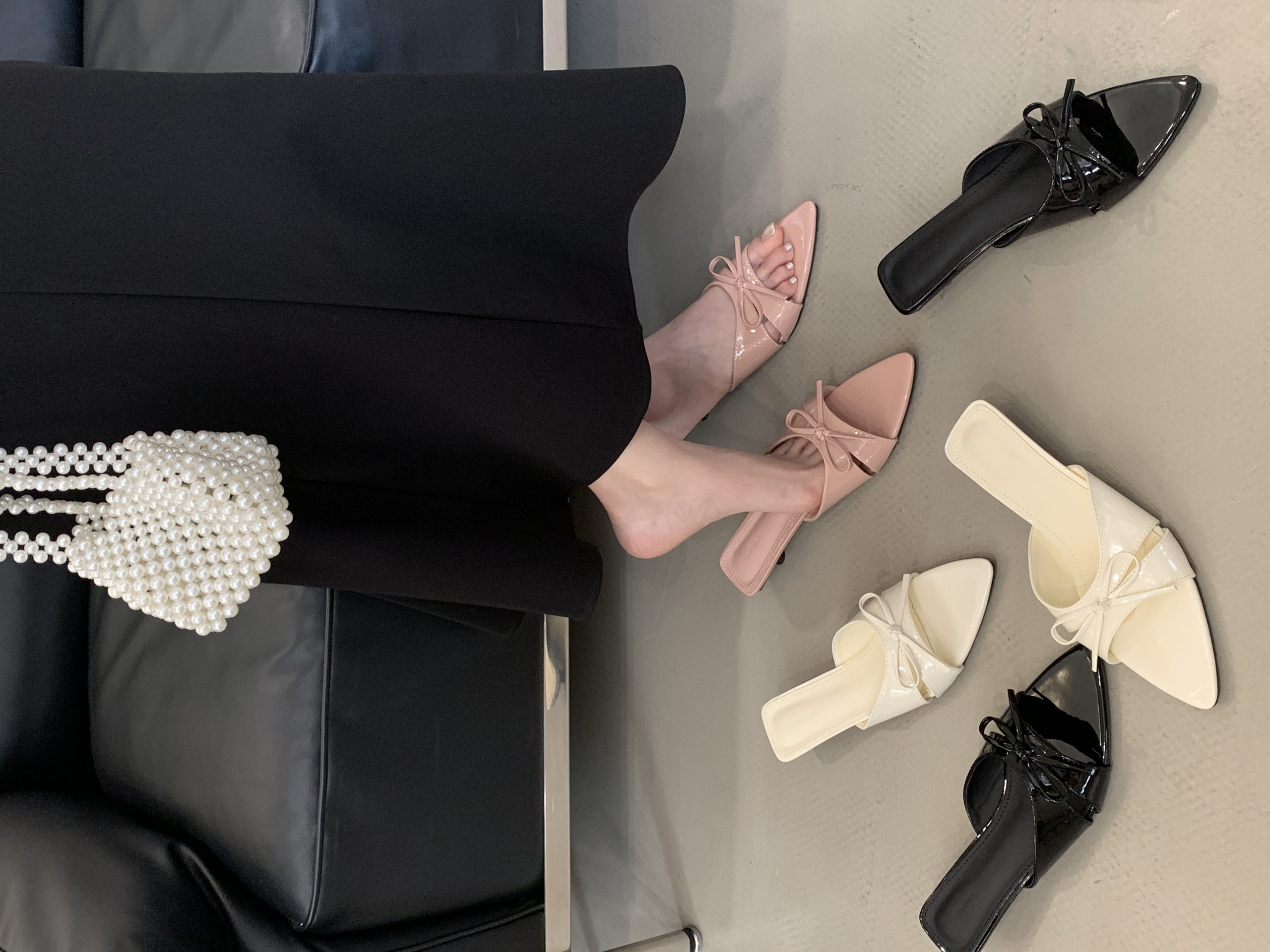 DIAIRIZ French Style Pointed Toe Bow Slippers for Women Summer Open Toe Elegant Low Heel