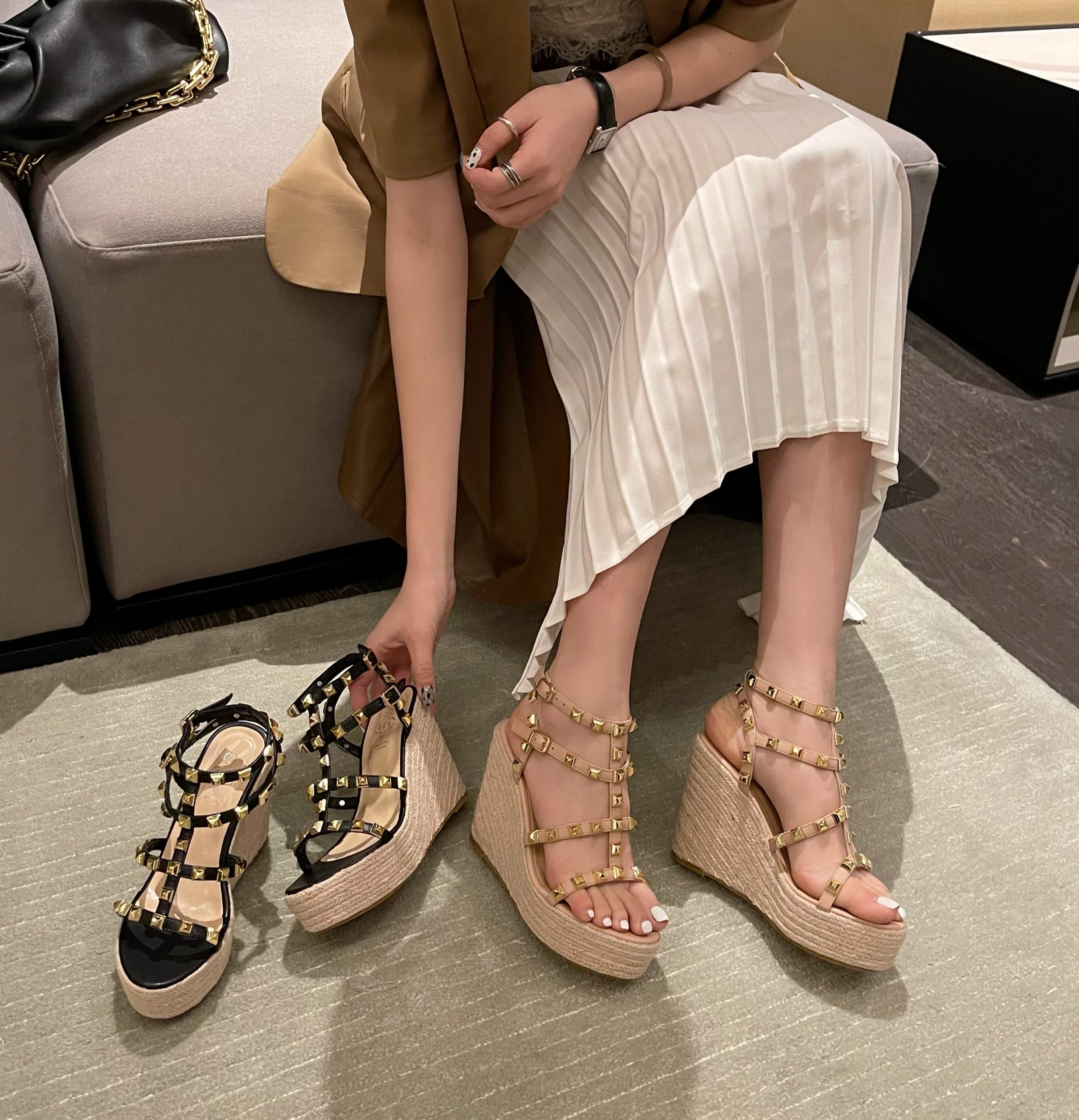 Women's 10cm Rivet Woven Wedge Sandals Summer 2026 New Thick Sole Platform High Heel Roman Shoes