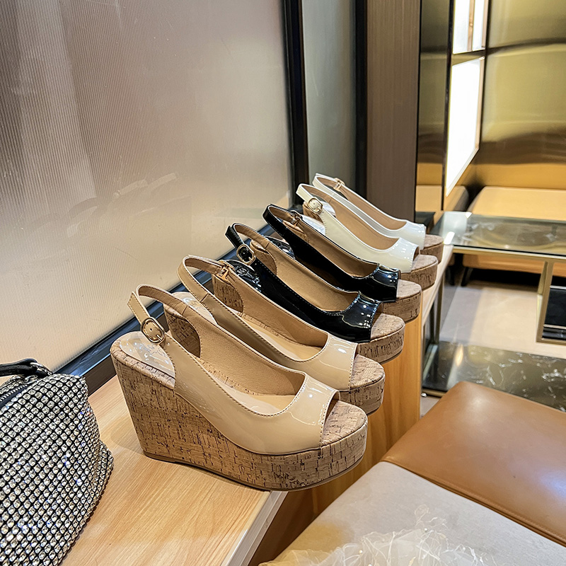Women's Summer Platform Wedge Heel Open Toe Sandals Bohemian Wood Grain Peep Toe Roman Shoes
