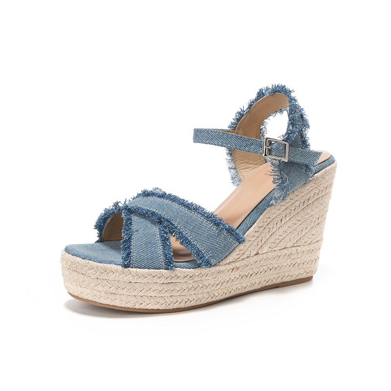 2026 Summer New Women's Platform Thick Sole Sandals Denim Cross Strap Wedge Heel Sandals - Image 5