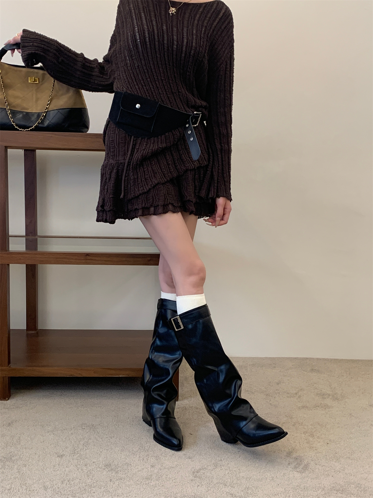 Autumn Maillard Pointed Toe Long Boots Over Knee Pleated Shaft Boots Slimming Fashion Women Stacked Boots - Image 3