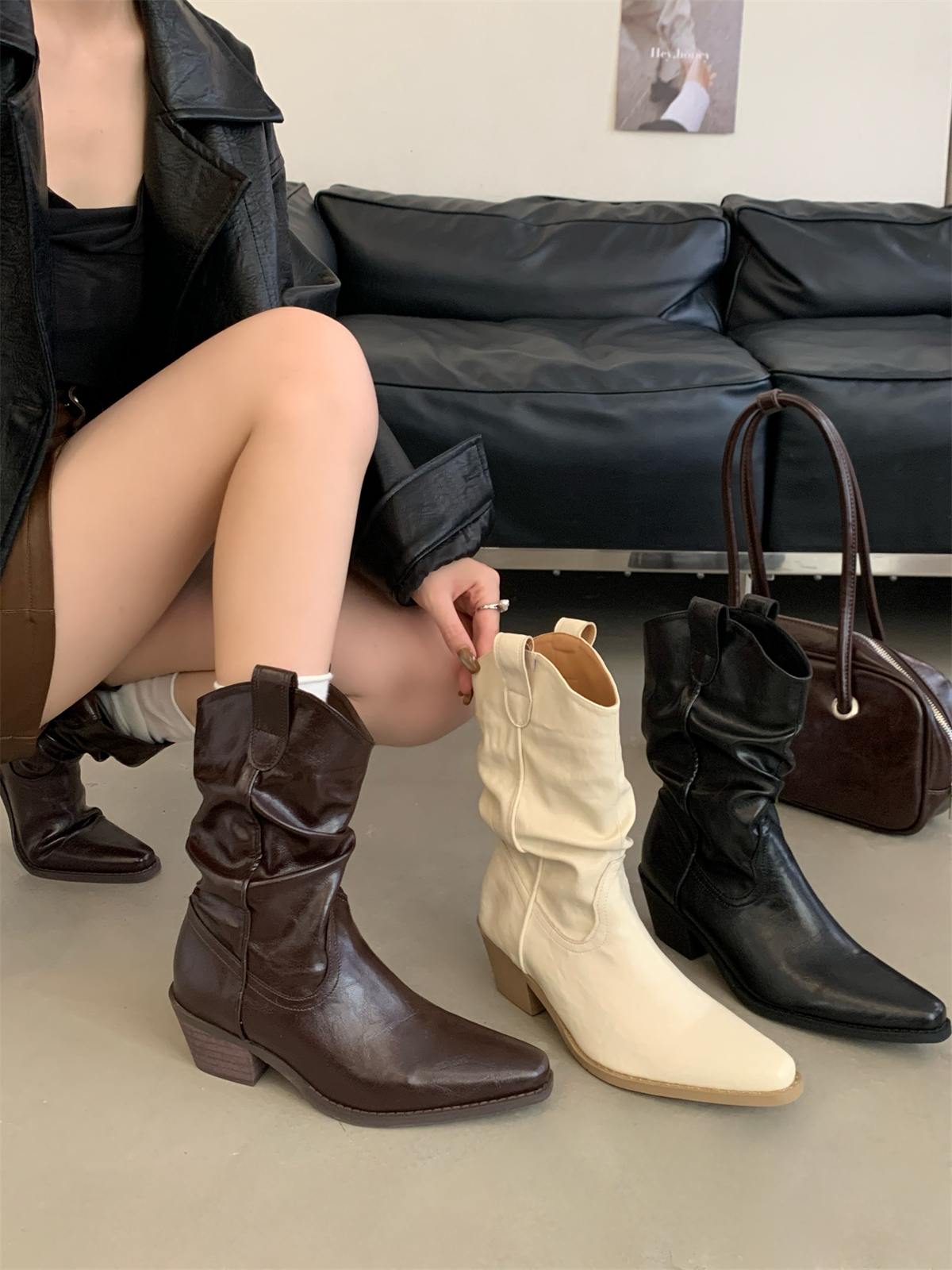 Women's Chunky Heel Buckle Mid-Calf Western Cowboy Boots 2026 Autumn Winter Stacked Boots