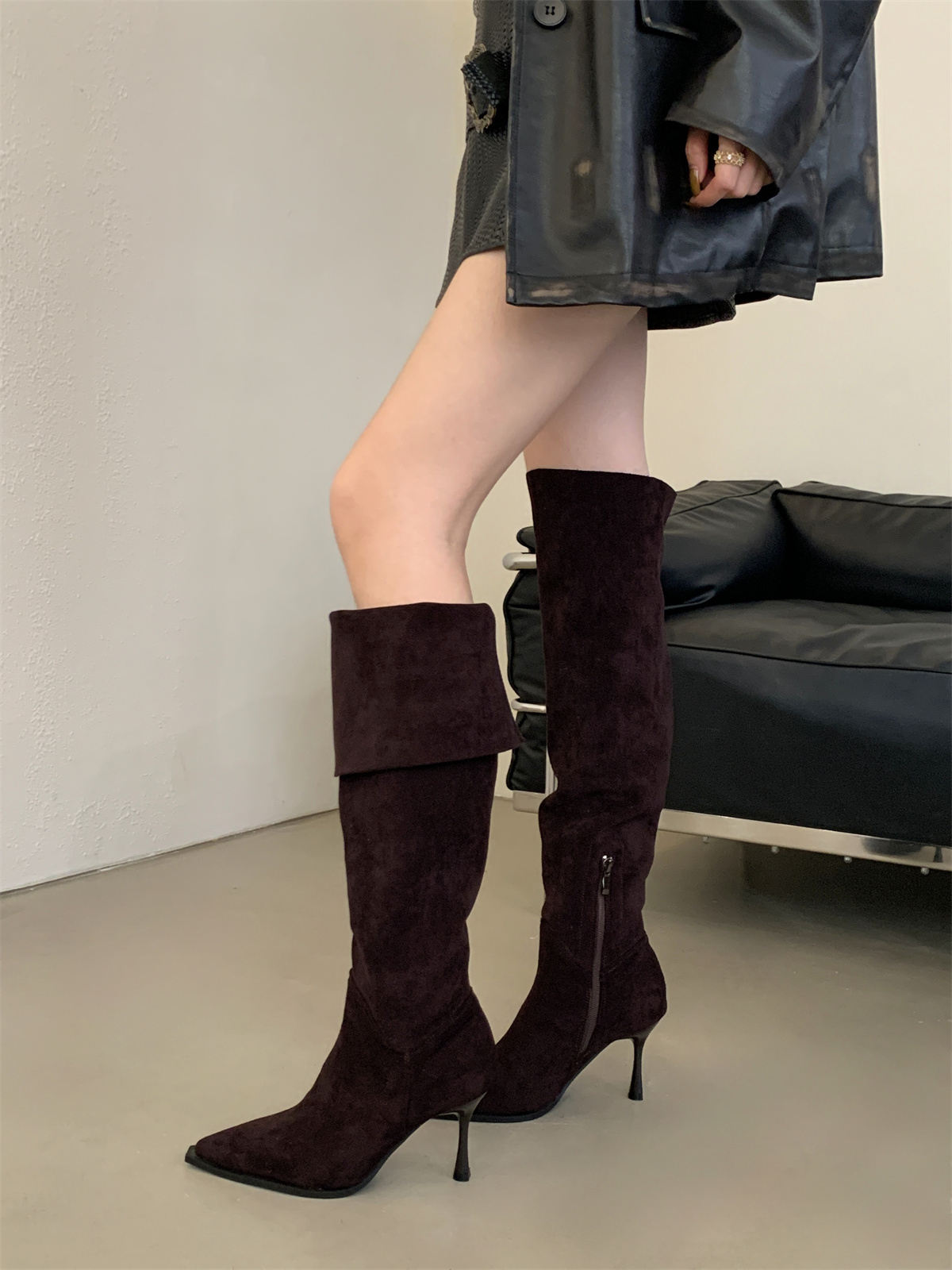 Pointed Toe Vintage Korean Velvet Slim Heel Stacked Boots Autumn Winter New Style Western Boots Women Over Knee High Boots - Image 3