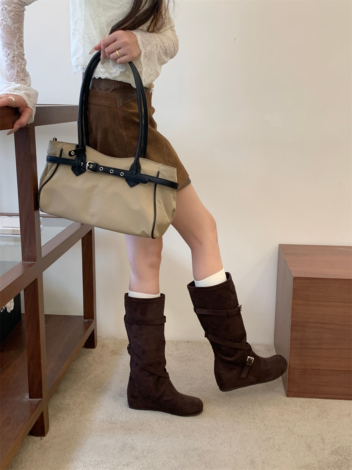 2026 New Autumn Winter Women's Brown High Top Boots Korean Style Flat Heel Mid Calf Wrinkled Stacked Boots with Inner Height Increase and Belt Buckle - Image 3
