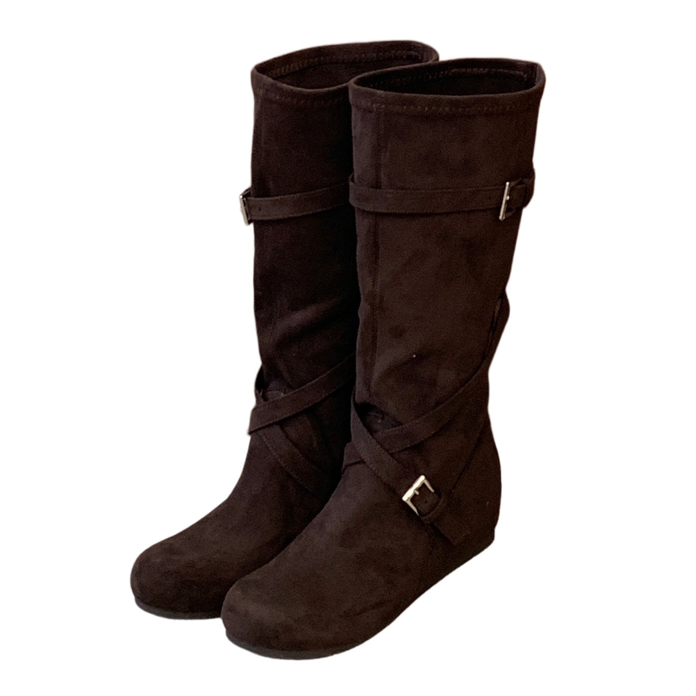 2026 New Autumn Winter Women's Brown High Top Boots Korean Style Flat Heel Mid Calf Wrinkled Stacked Boots with Inner Height Increase and Belt Buckle - Image 5