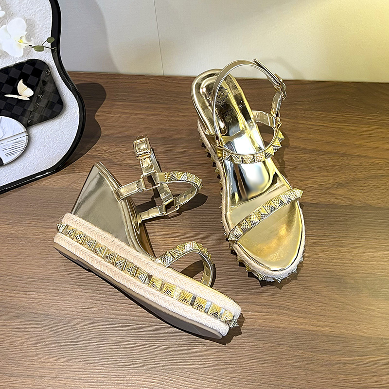 2026 New Square Toe Platform High Heel Classic Thick Sole Rivet Wedge Sandals Open Toe One-Strap Chunky Shoes - Image 5