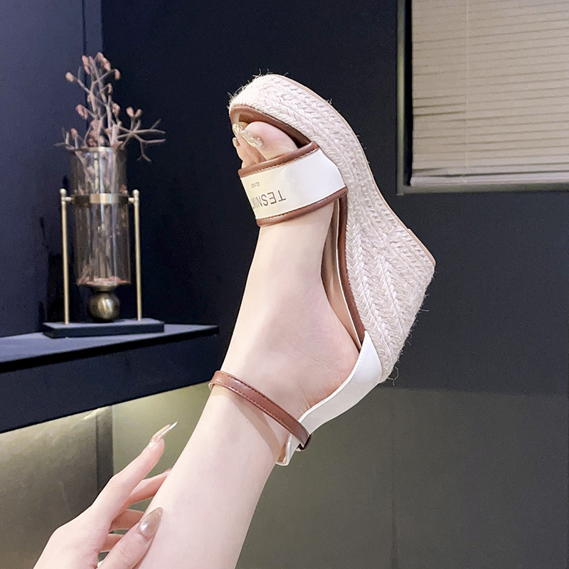2026 Summer New Fashion Rope Wedge Sandals for Women Thick Sole Letter Embroidery One-Strap Waterproof Platform Sandals - Image 3
