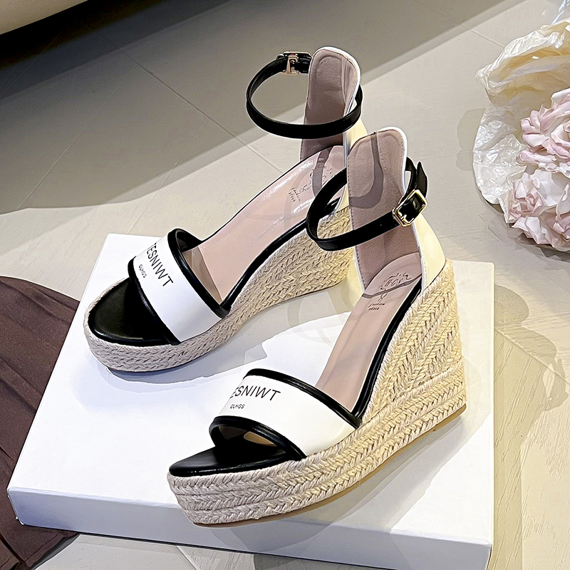 2026 Summer New Fashion Rope Wedge Sandals for Women Thick Sole Letter Embroidery One-Strap Waterproof Platform Sandals - Image 4